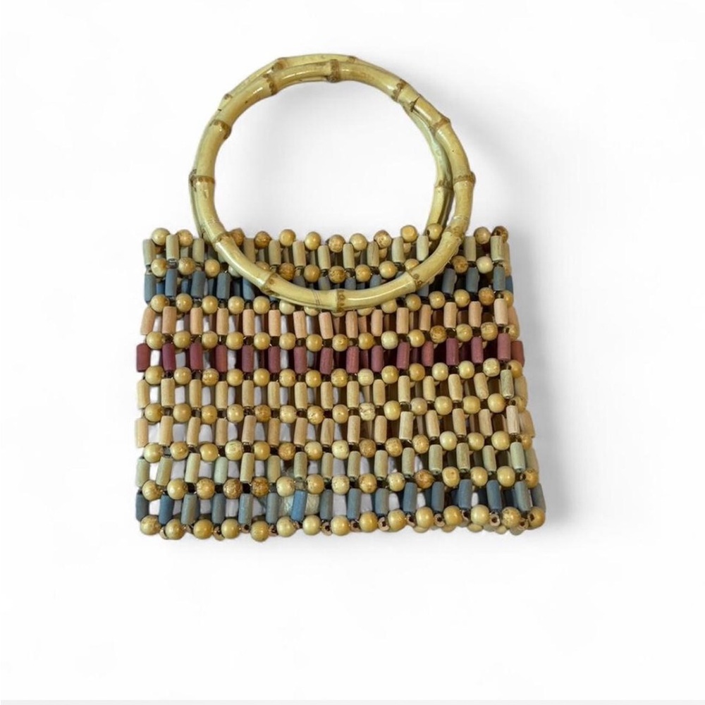 Vintage Multicolor Beaded Handbag with Bamboo Handle
